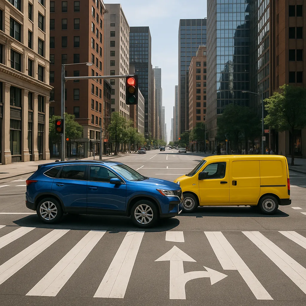 Yellow Delivery Van and a Blue SUV Are Positioned Next