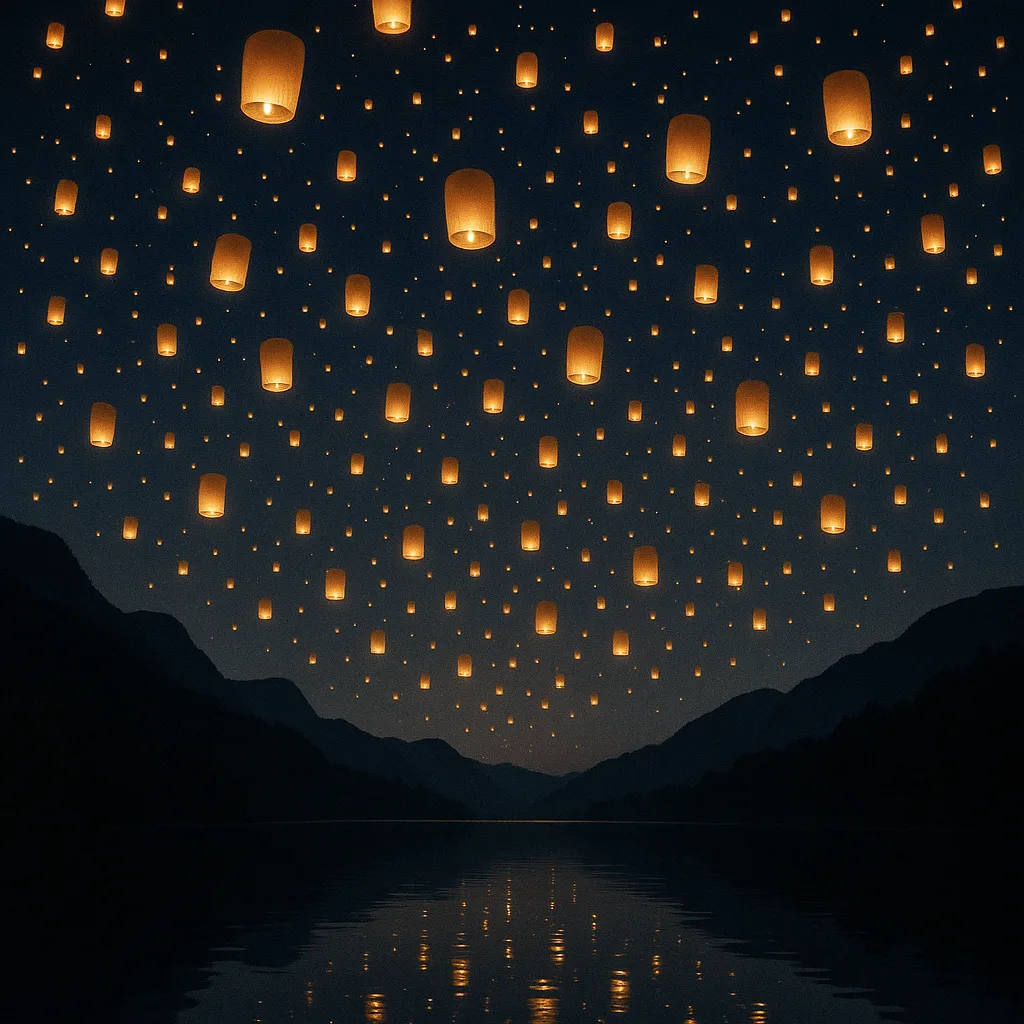 Countless Glowing Lanterns Drift Skyward Above a Tranquil Lake