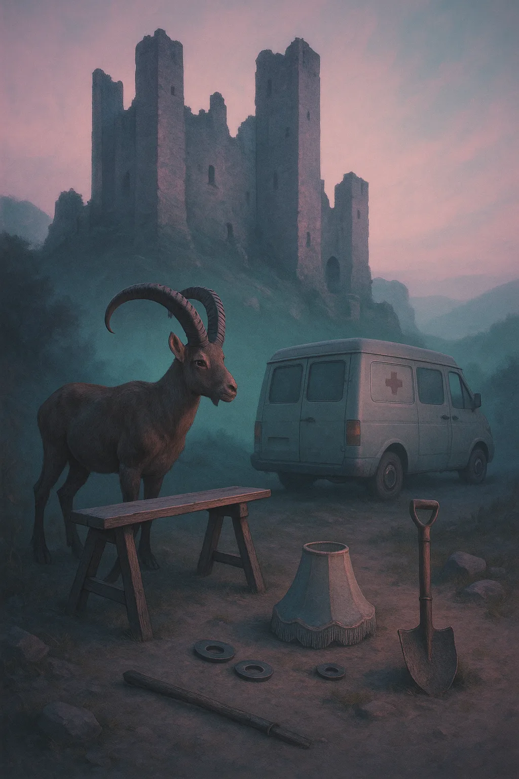 Medieval Castle Ruins on a Hilltop Overlooking a Valley