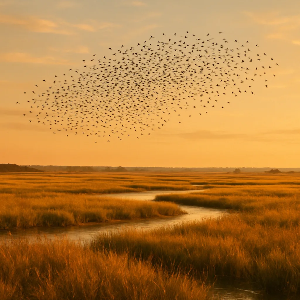 Large Flock of Distant Birds Wheels in Unison