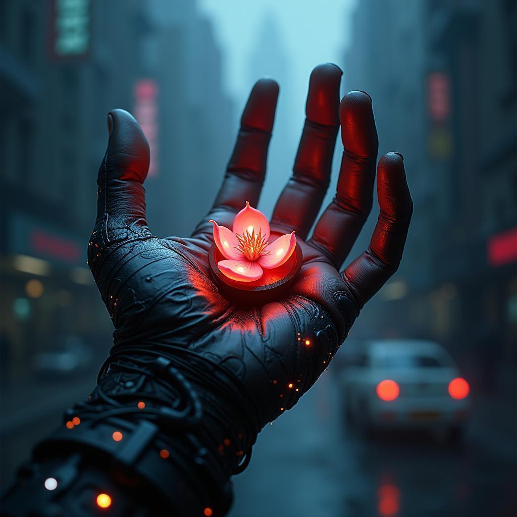Cybernetic Hand Holding Glowing Datura Seeds