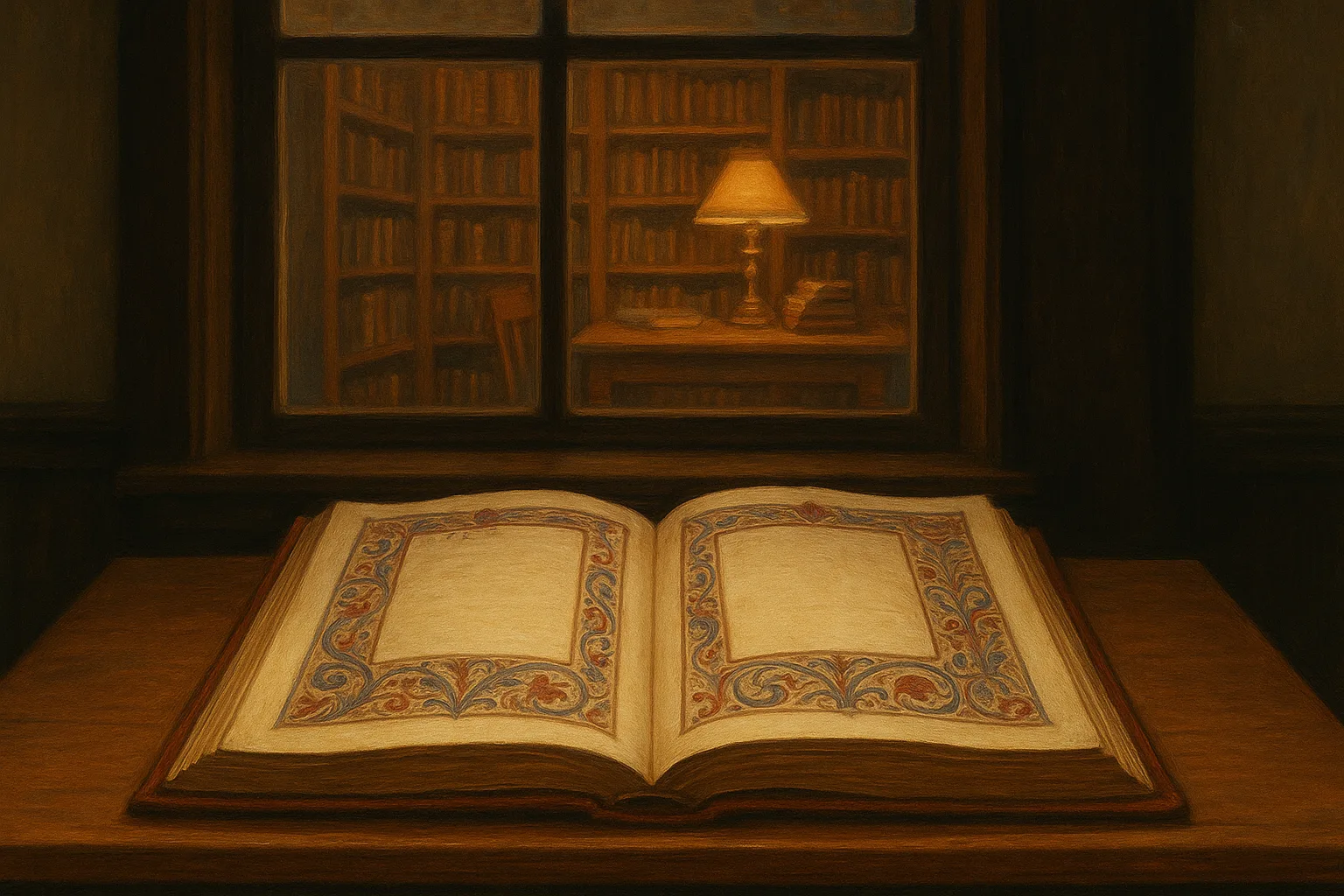 Wooden Desk in the Foreground Holds an Elaborately Designed Open