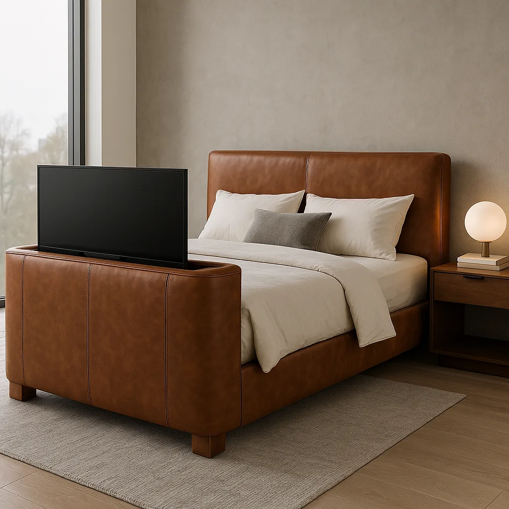 Contemporary Bedroom with a Brown Leather Bed Frame