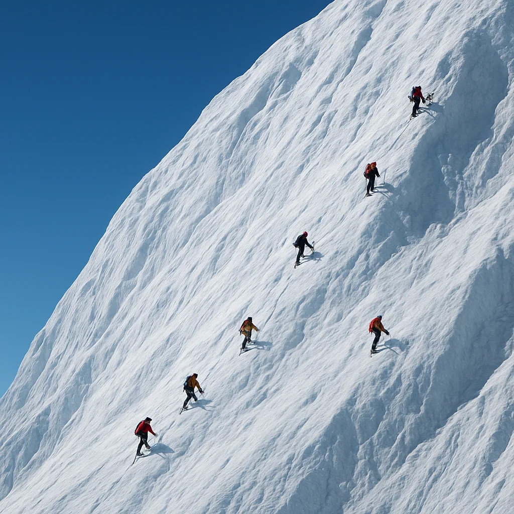 Scattered Handful of Distant Climbers Slowly Ascends a Colossal