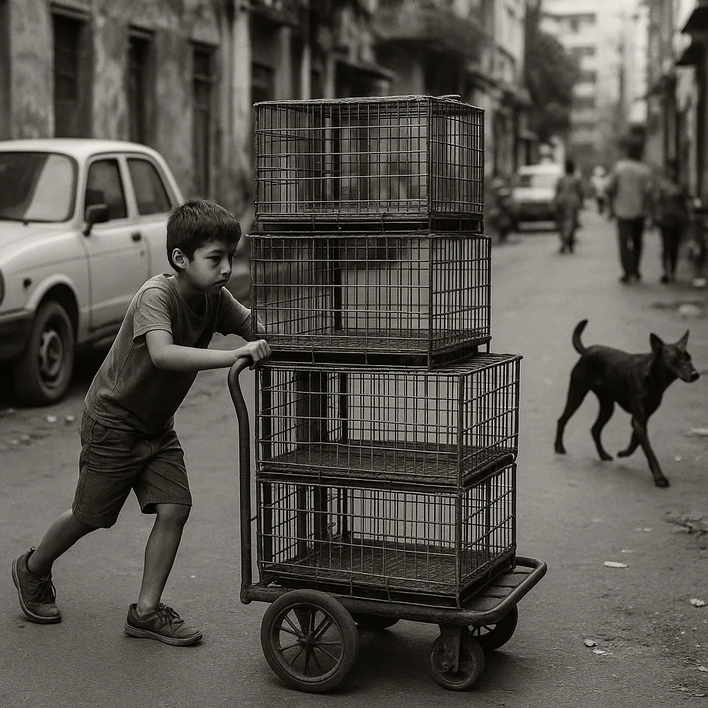Young Boy Pushes a Cart