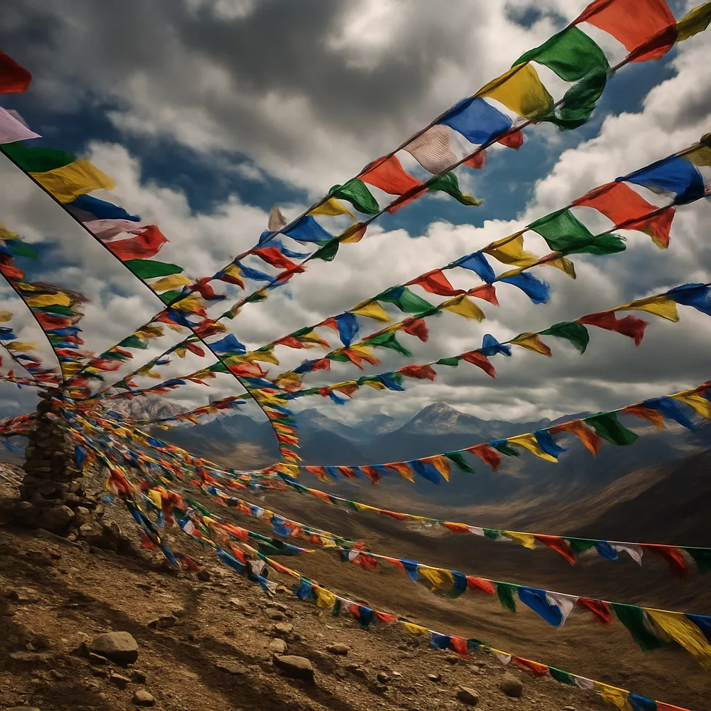 Innumerable Prayer Flags Flutter Violently on a High Mountain Pass