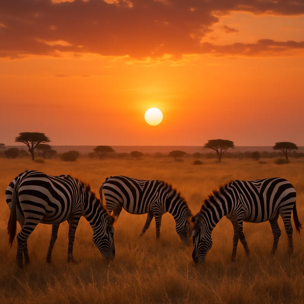 Several Zebras Feeding in a Grassy Savanna During Sunset