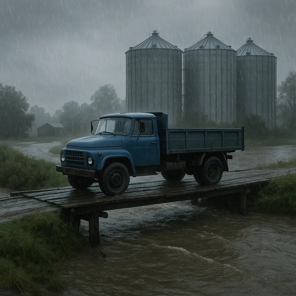 Truck Crossing a Makeshift Wooden Bridge over a Flooded River