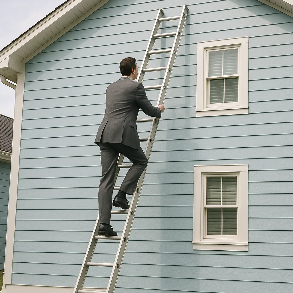 Man Wearing a Gray Business Suit Ascends a Steel Ladder