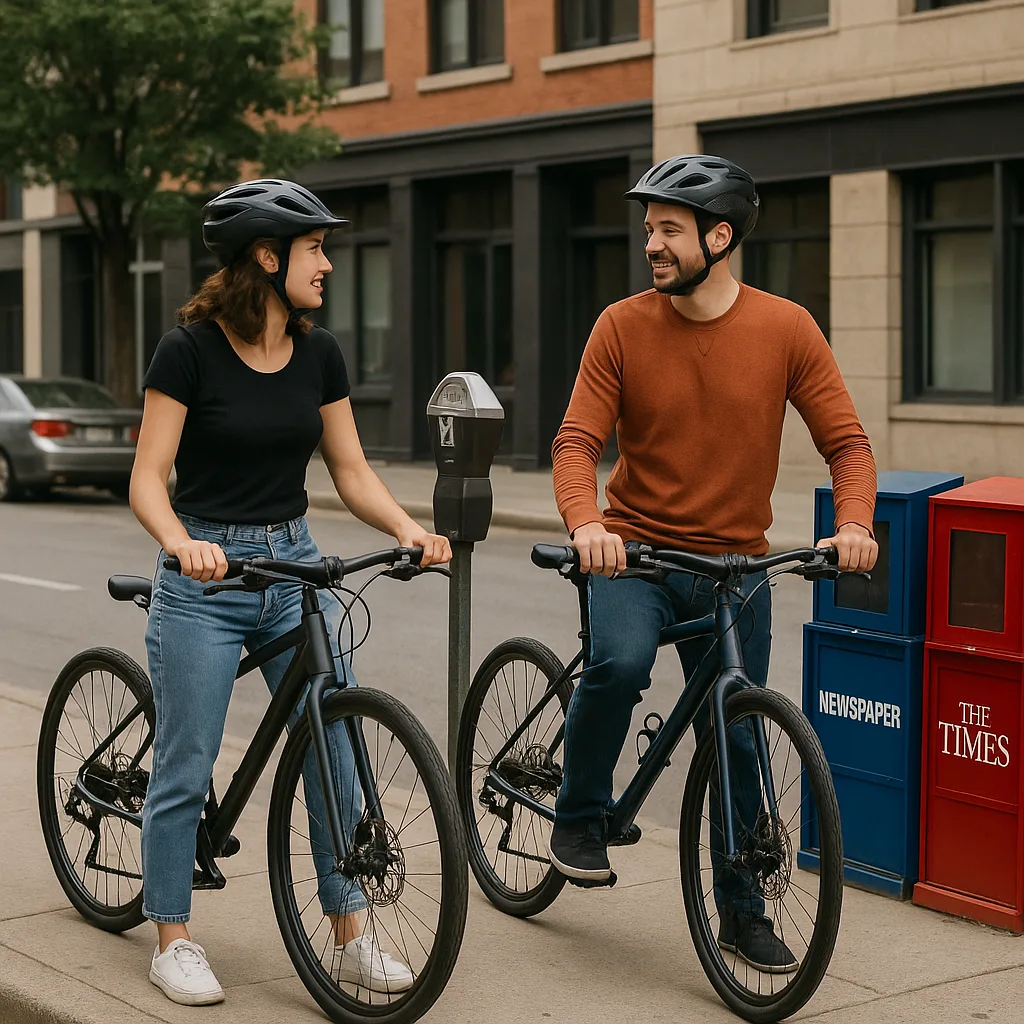 Two People with Bicycles Are Stopped on a City Street