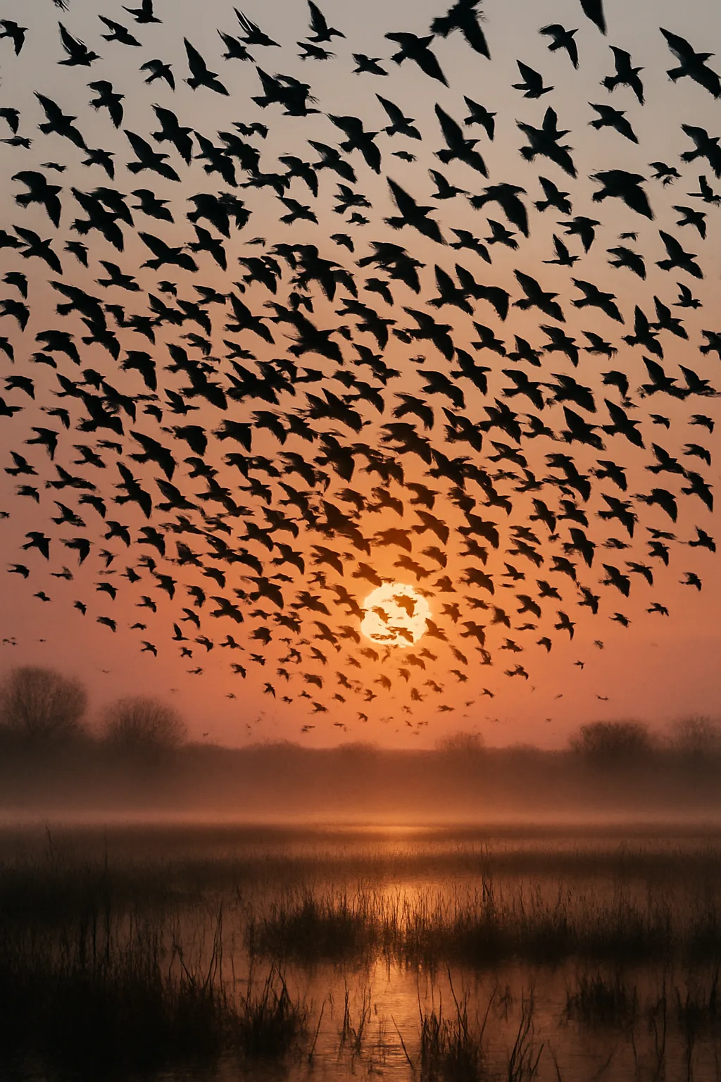 Vast Flock of Countless Silhouetted Birds Takes Flight