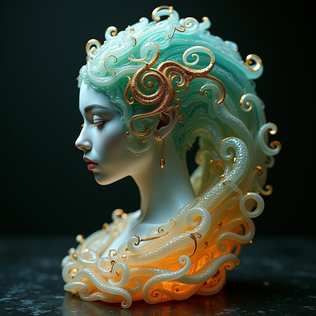Backlit Wax Medusa With Art Nouveau Swirls