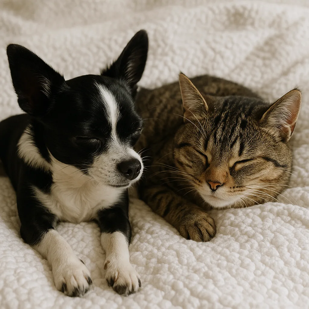 Small Black-and-white Dog Lying on a Textured White Blanket