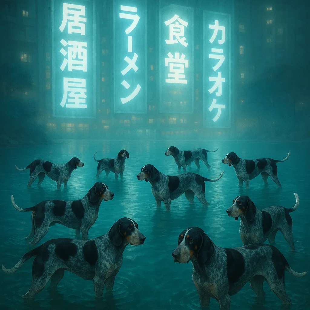 Many Bluetick Hounds in a Serene Lagoon