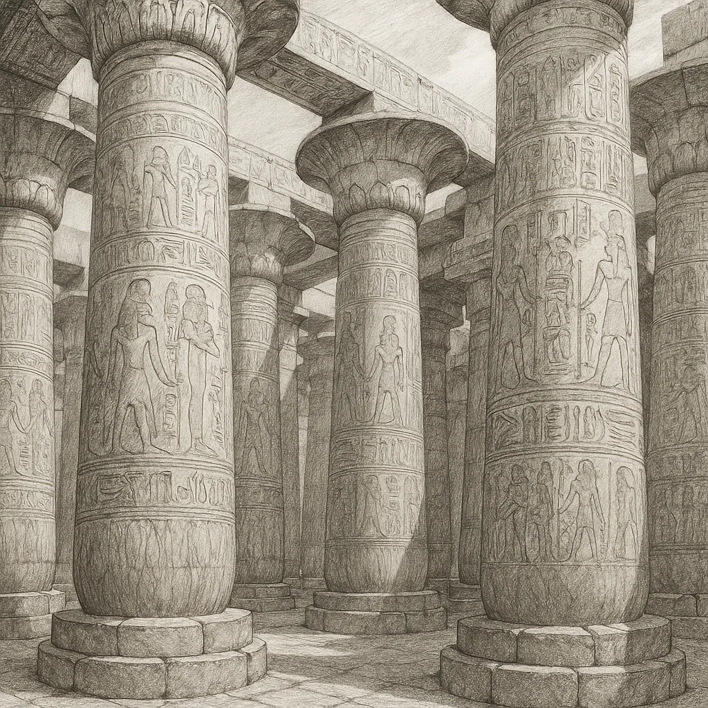Graphite Illustration Capturing the Grandeur of Karnak's Hypostyle Hall