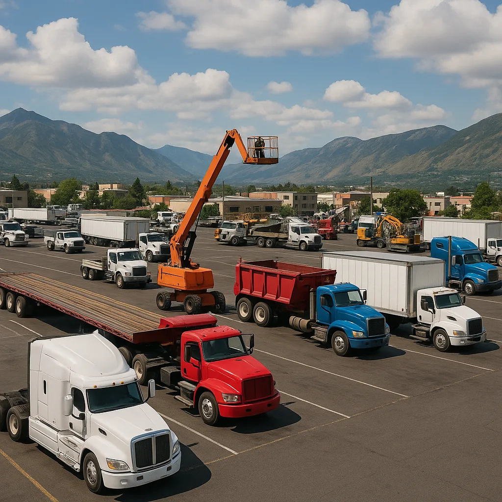 Busy Parking Lot Filled with Multiple Trucks