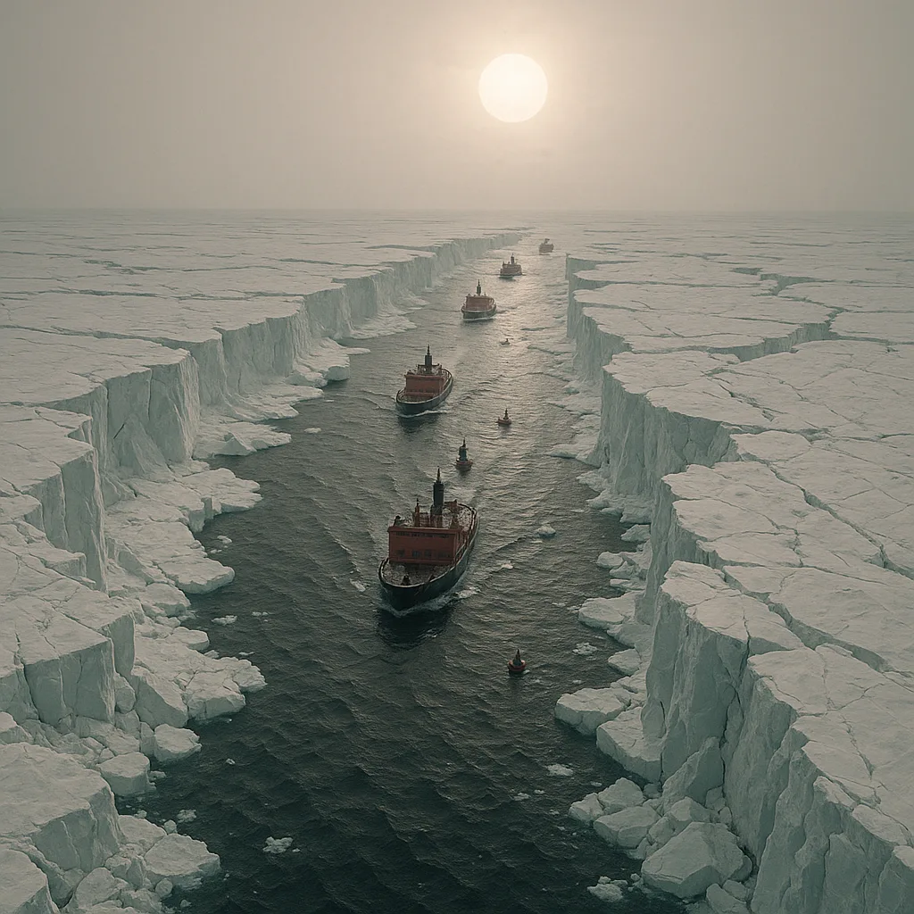 Several Icebreaker Ships Appear as Small Specks Navigating a Channel