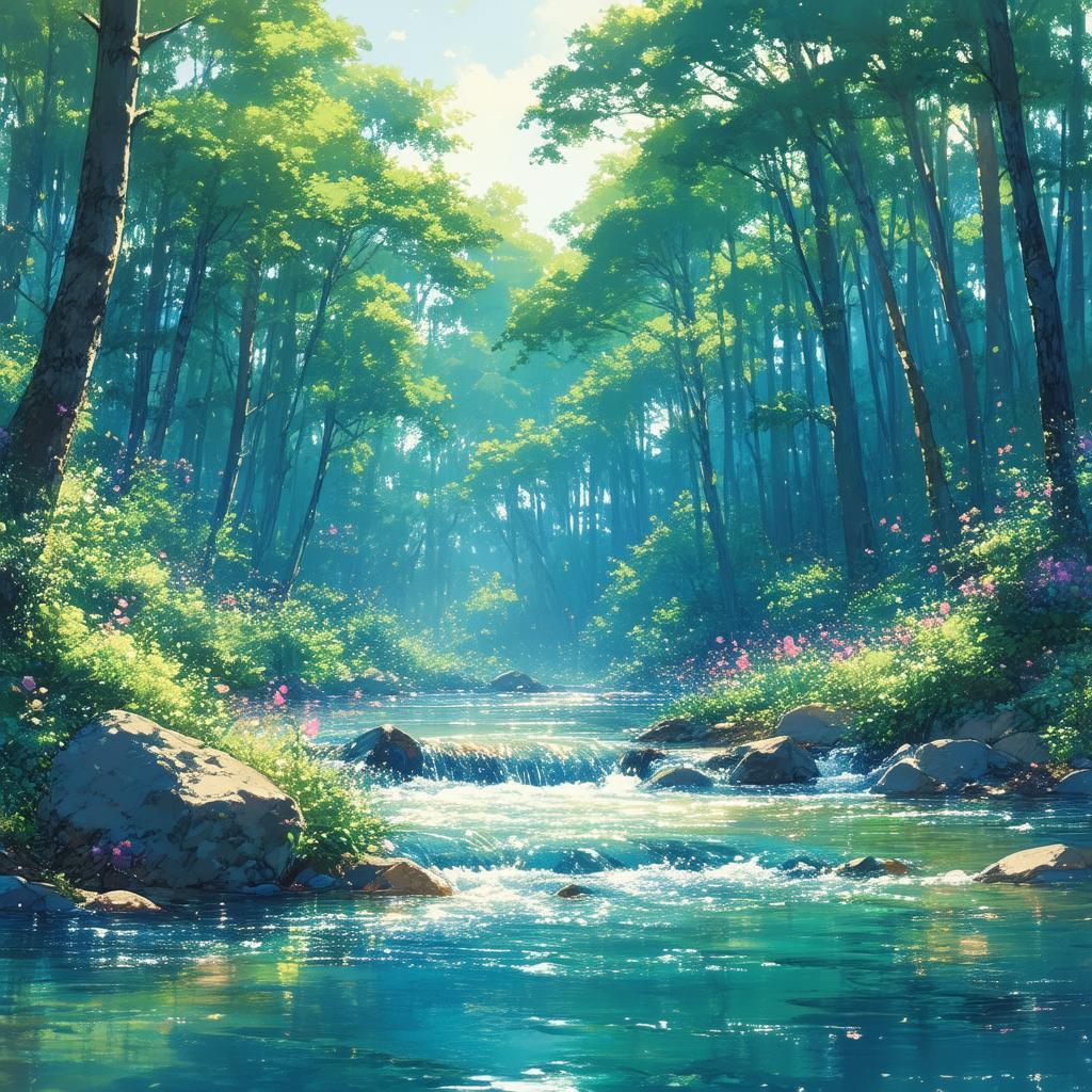 Pastel Anime River Winding Through Forest