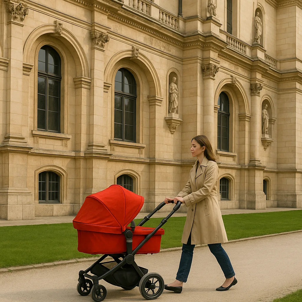 Woman Pushes a Red Stroller on a Path