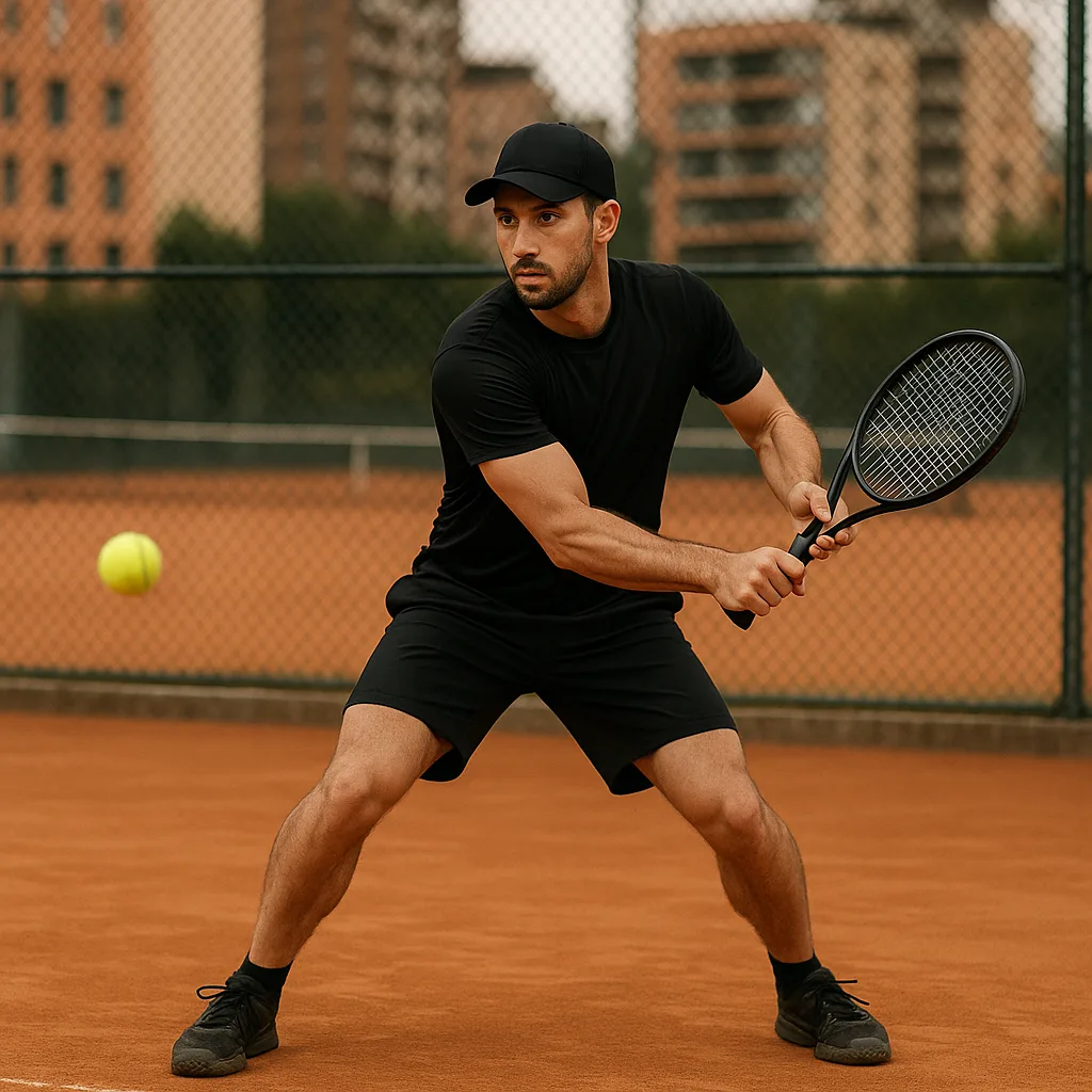 Person Wearing Black Sportswear Prepares to Hit a Tennis Ball