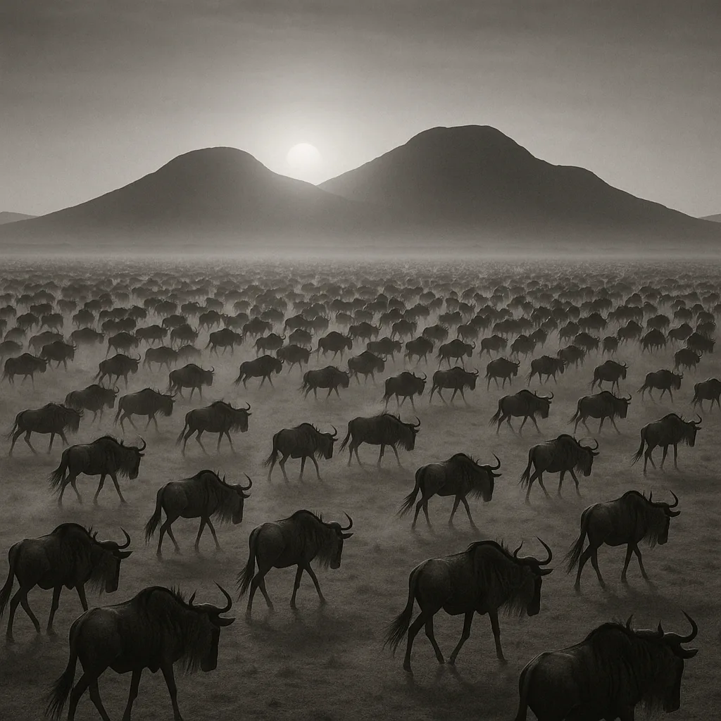 Thousands of Distant Wildebeest Surge Across a Vast