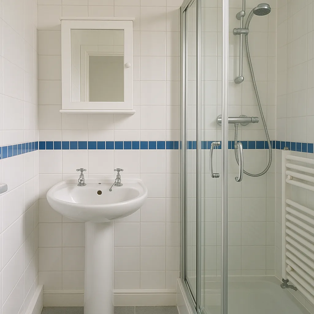 Small Bathroom Featuring a White Pedestal Sink with Dual Taps