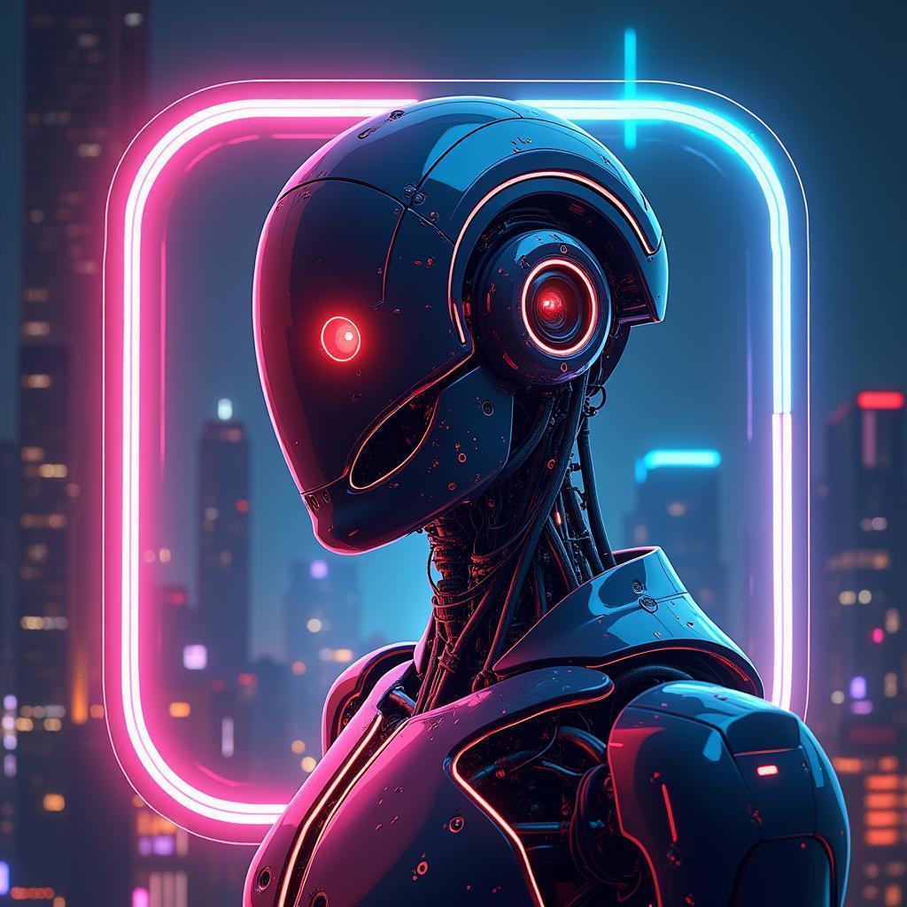 Neonpunk Robot Icon in Glossy Glass
