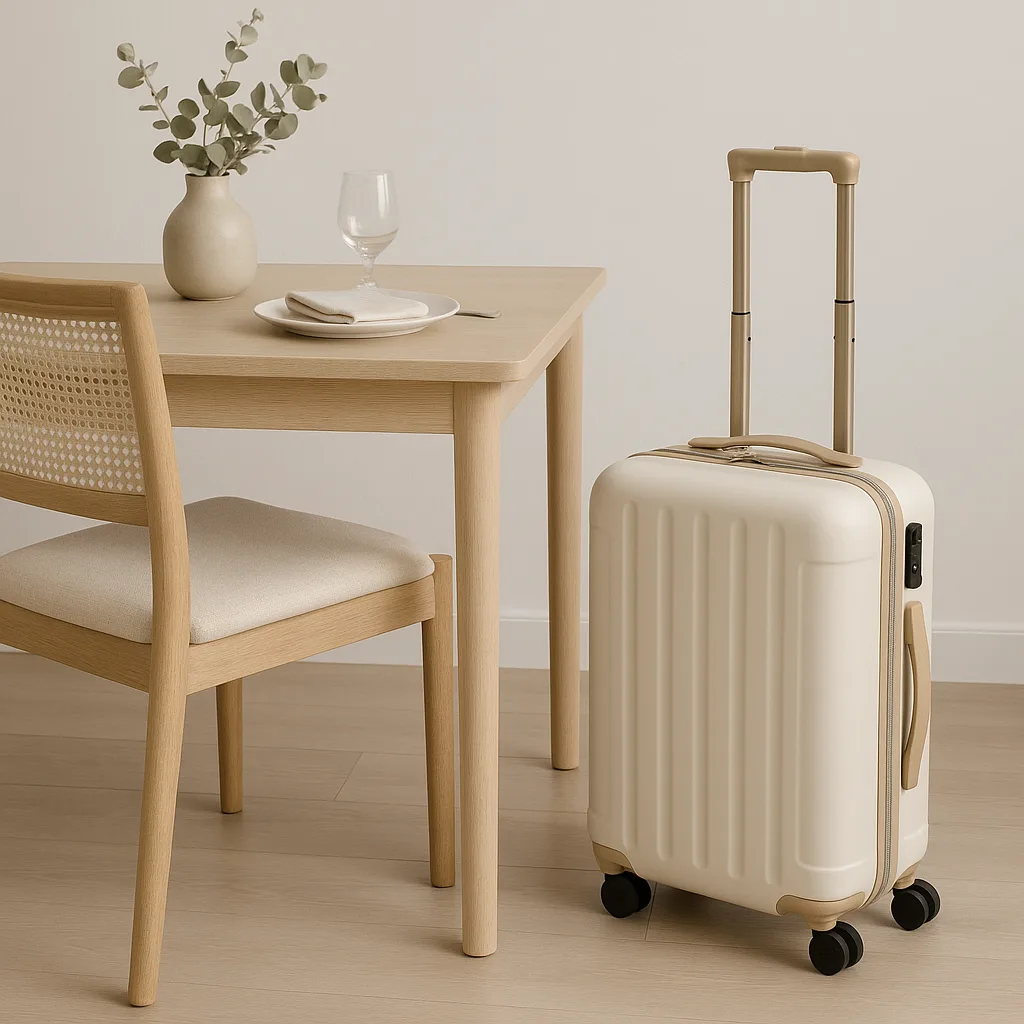 Cream-toned Suitcase Placed Alongside a Dining Table in Beige