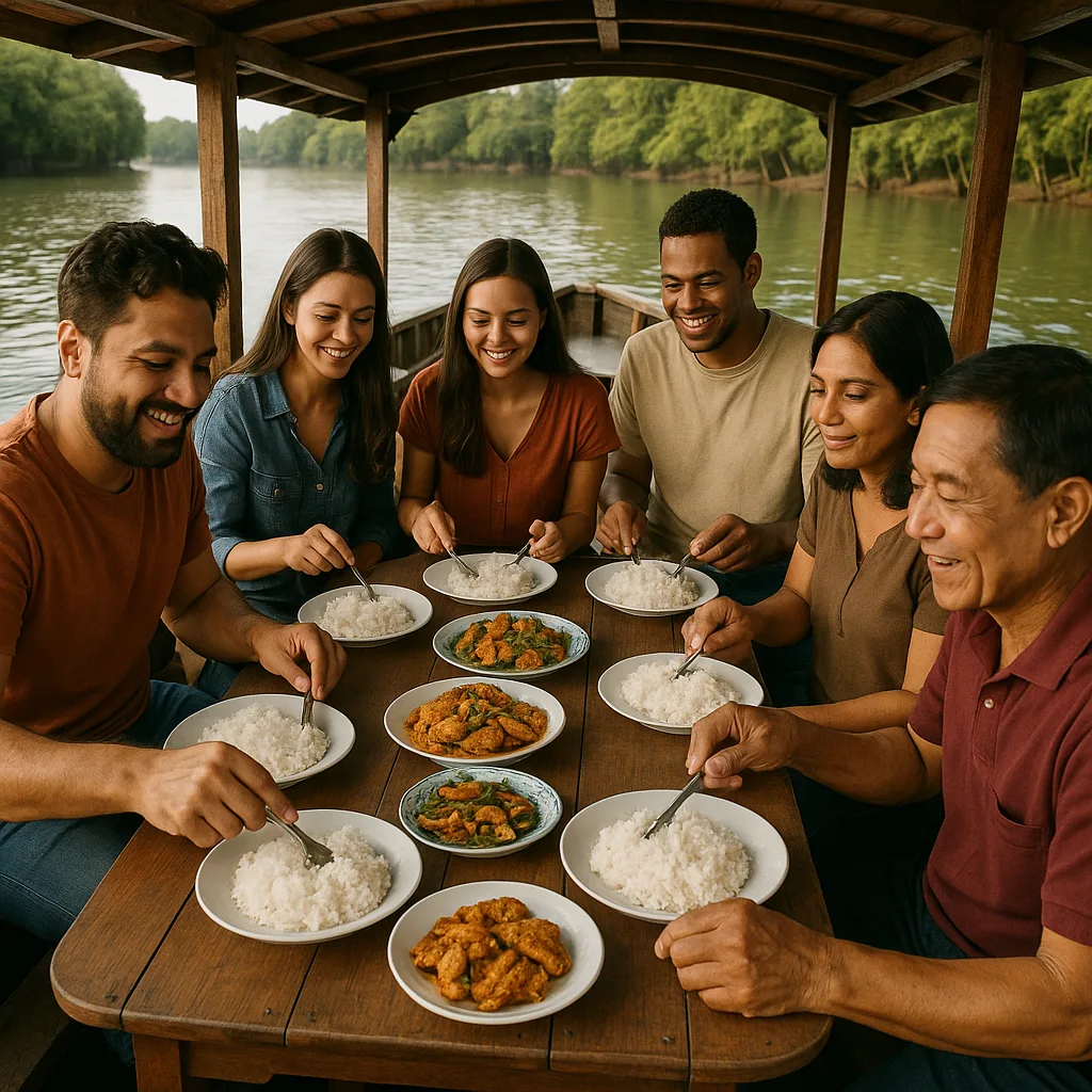 Group of People Dining Together on a Wooden Boat