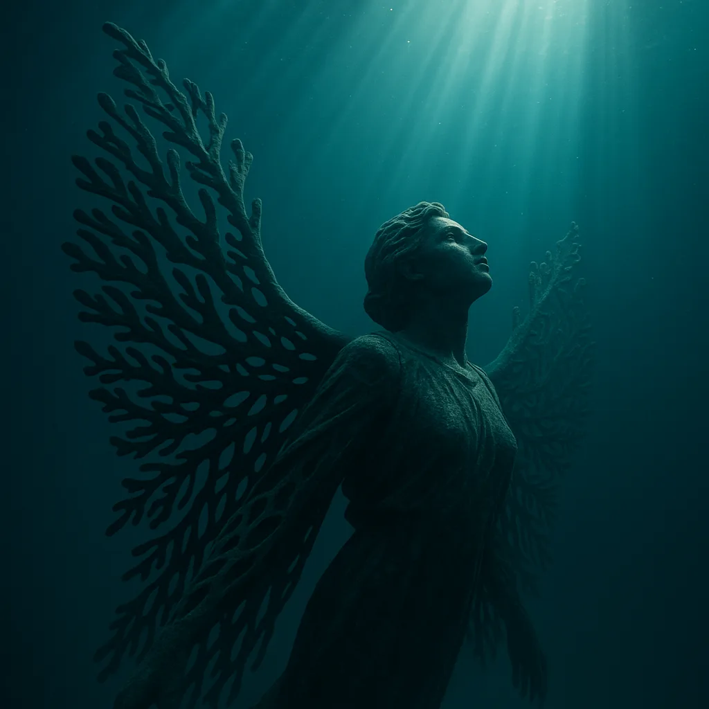 Imagine an Awe-inspiring Underwater Sculpture Depicting a Celestial Figure