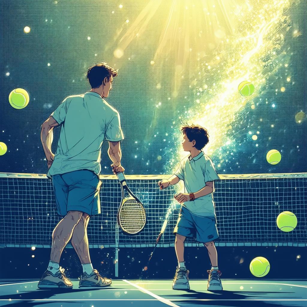 Celestial Tennis Match Between Father and Son