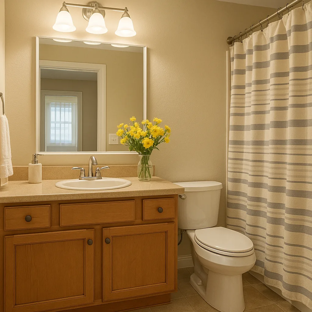 Well-lit Bathroom with Wooden Cabinets