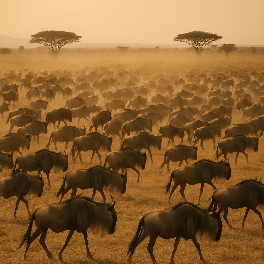 Vast Herd of Wildebeest Raises a Dust Cloud