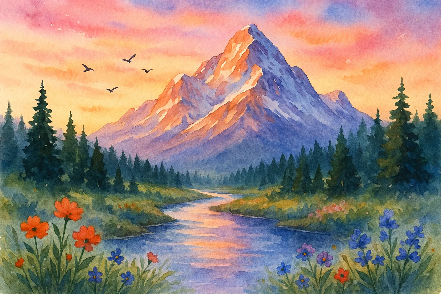 Lively Watercolor Painting Showcasing a Tranquil Mountain Vista During Sunrise