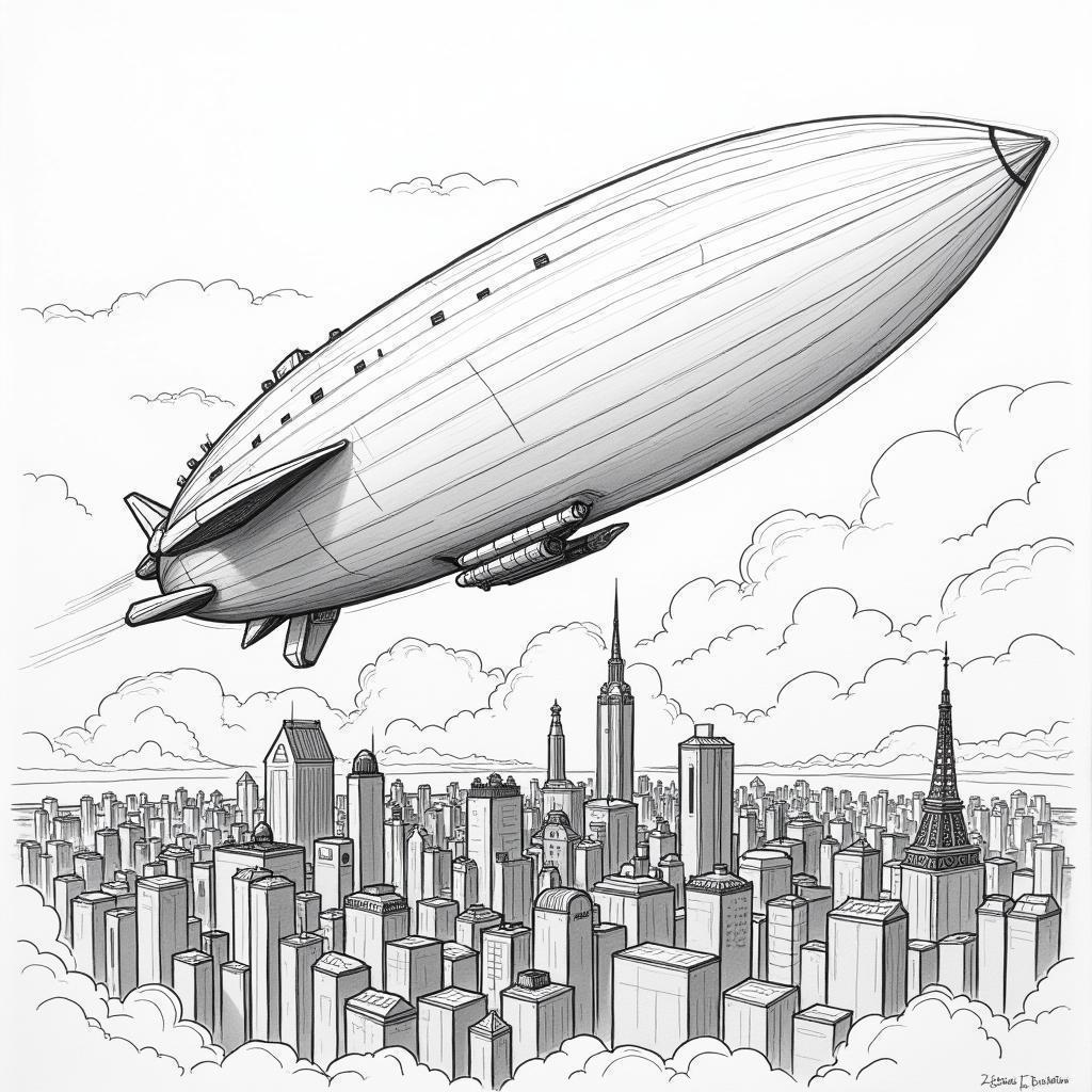 Whiteboard Zeppelin Spaceship Over Vibrant Metropolis