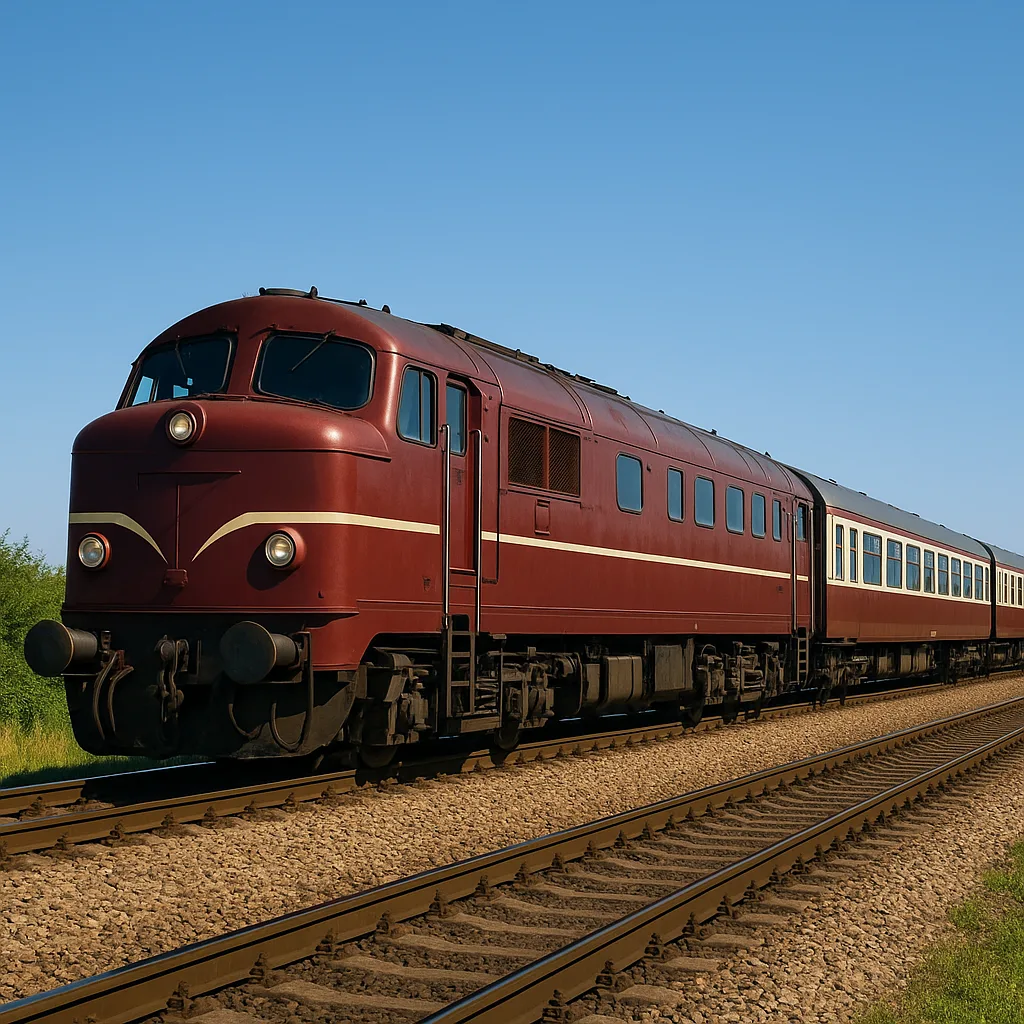 Maroon Diesel Locomotive Pulls a Passenger Train Along Railway Tracks