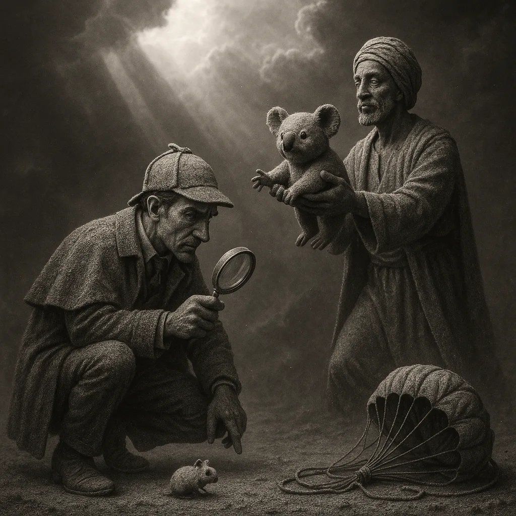 Crouching Sherlock-esque Detective Eyes a Tiny Hamster
