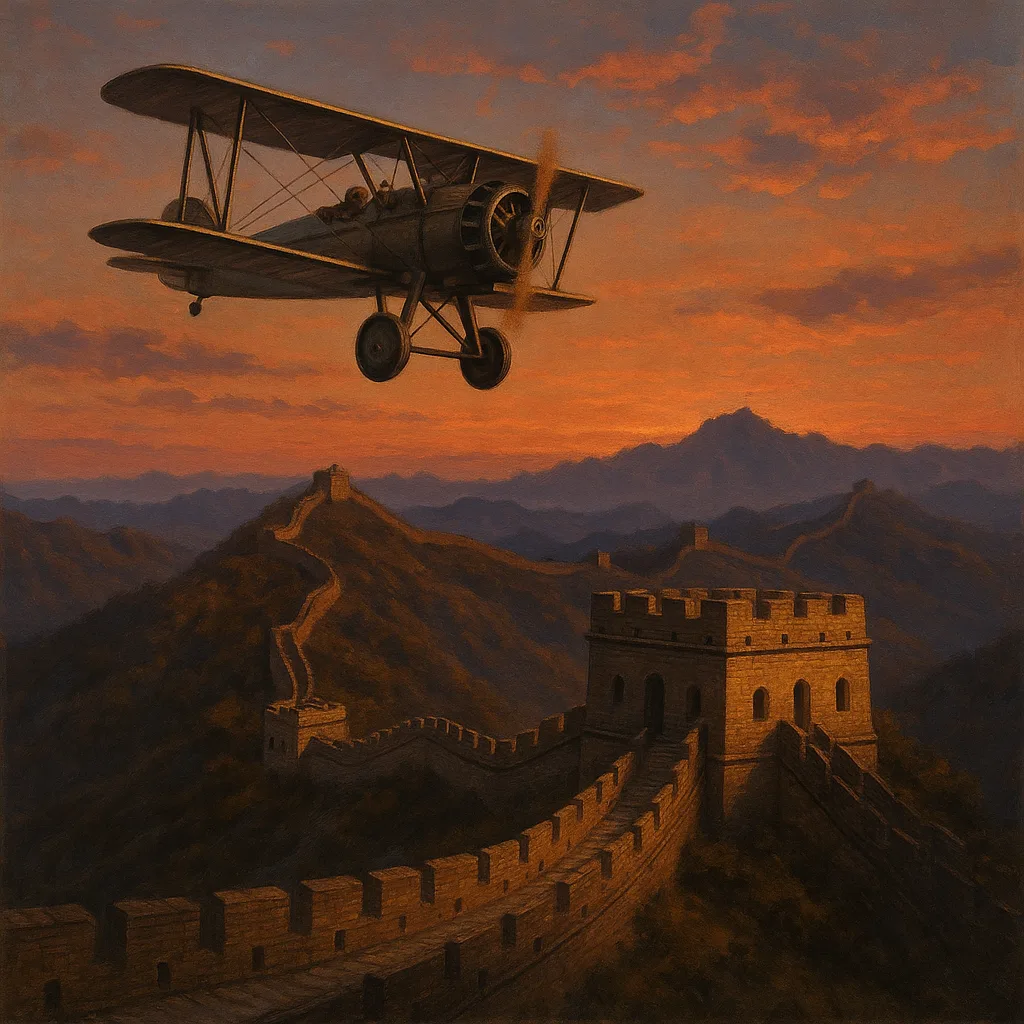 Classic Biplane Flies over the Great Wall