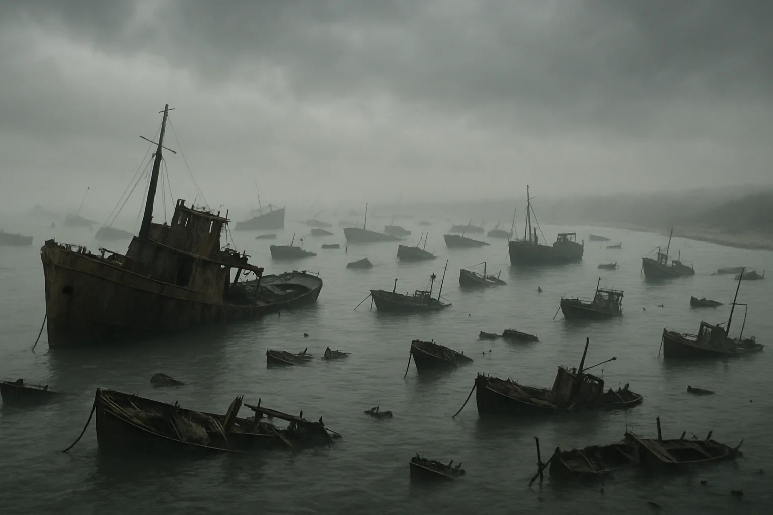 Scattered Flotilla of Many Derelict Ships Rests