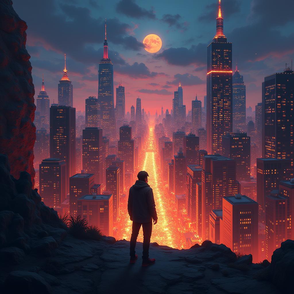 Lone Figure Beholding a Glowing Animated Metropolis