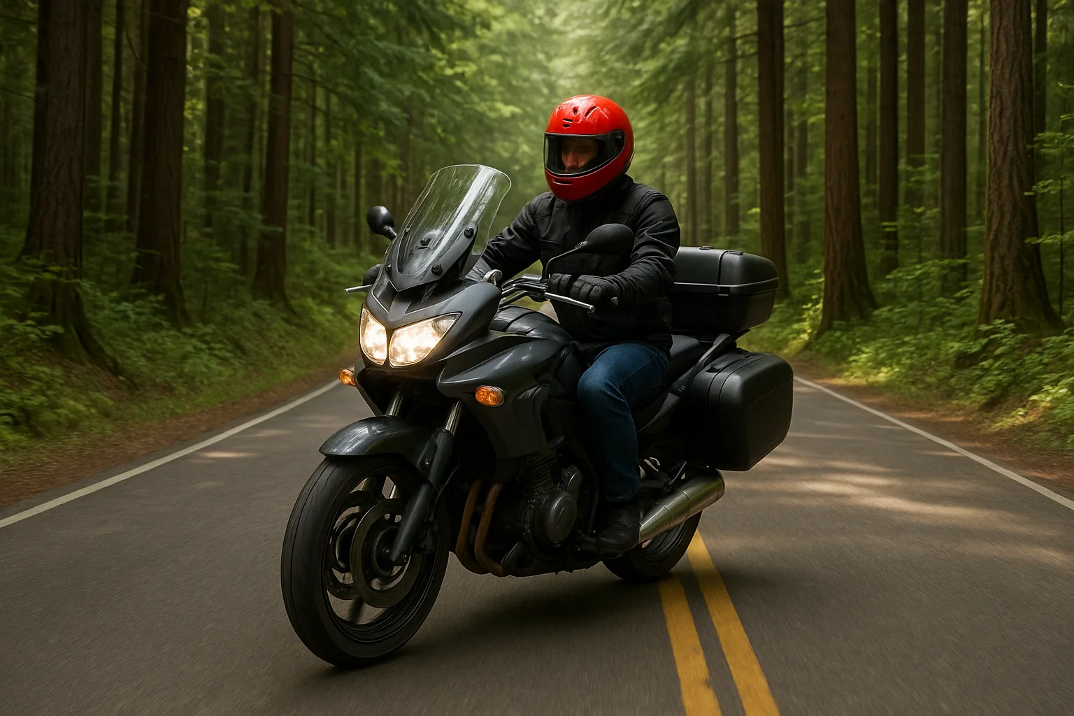 Motorcyclist Wearing a Red Helmet Rides a Touring Motorcycle