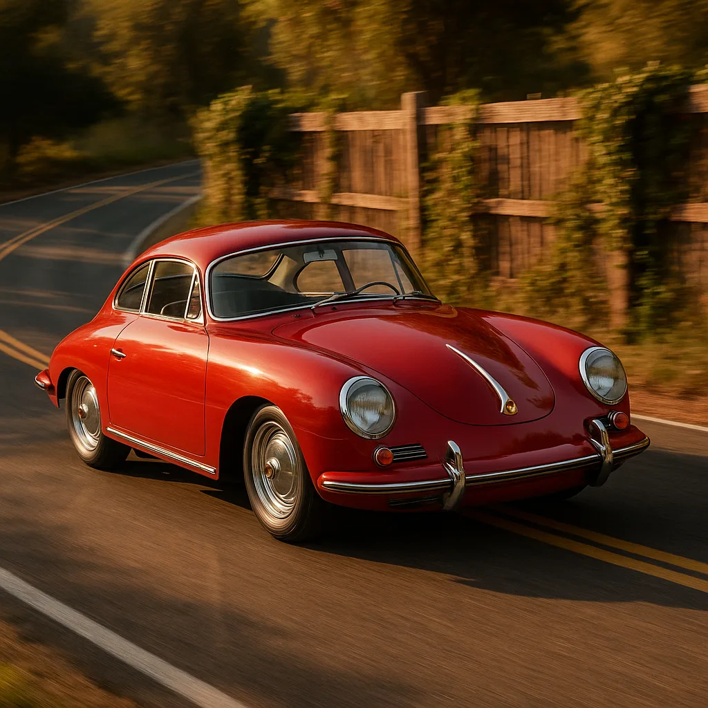 Classic Red Porsche 356 Races Along a Twisting Asphalt Roadway