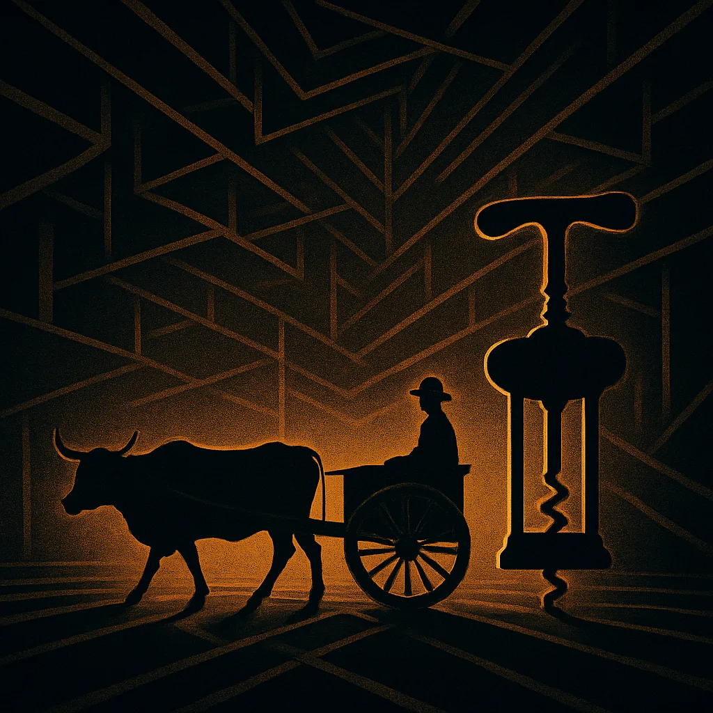 Warmly Silhouetted Oxcart and Corkscrew