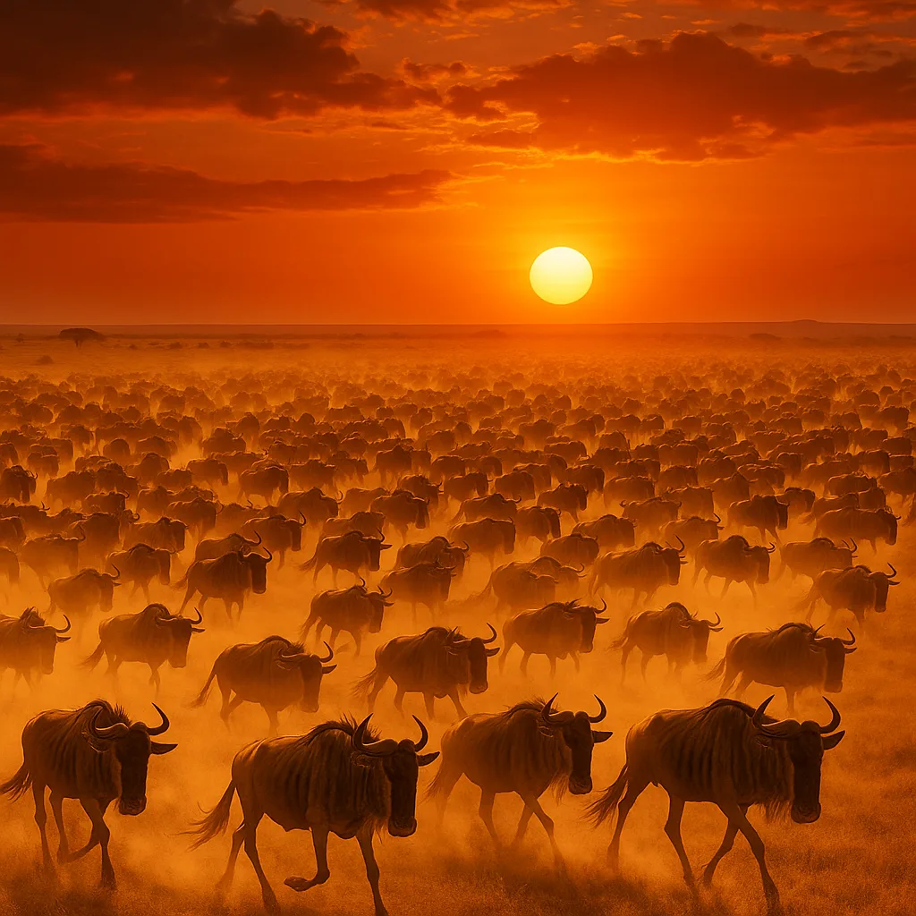 Vast Herd of Wildebeest Thunders Across an Expansive Savanna Plain