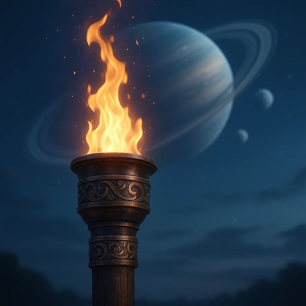 Magically Glowing Torch with Decorative Metal Bands under Cool Twilight