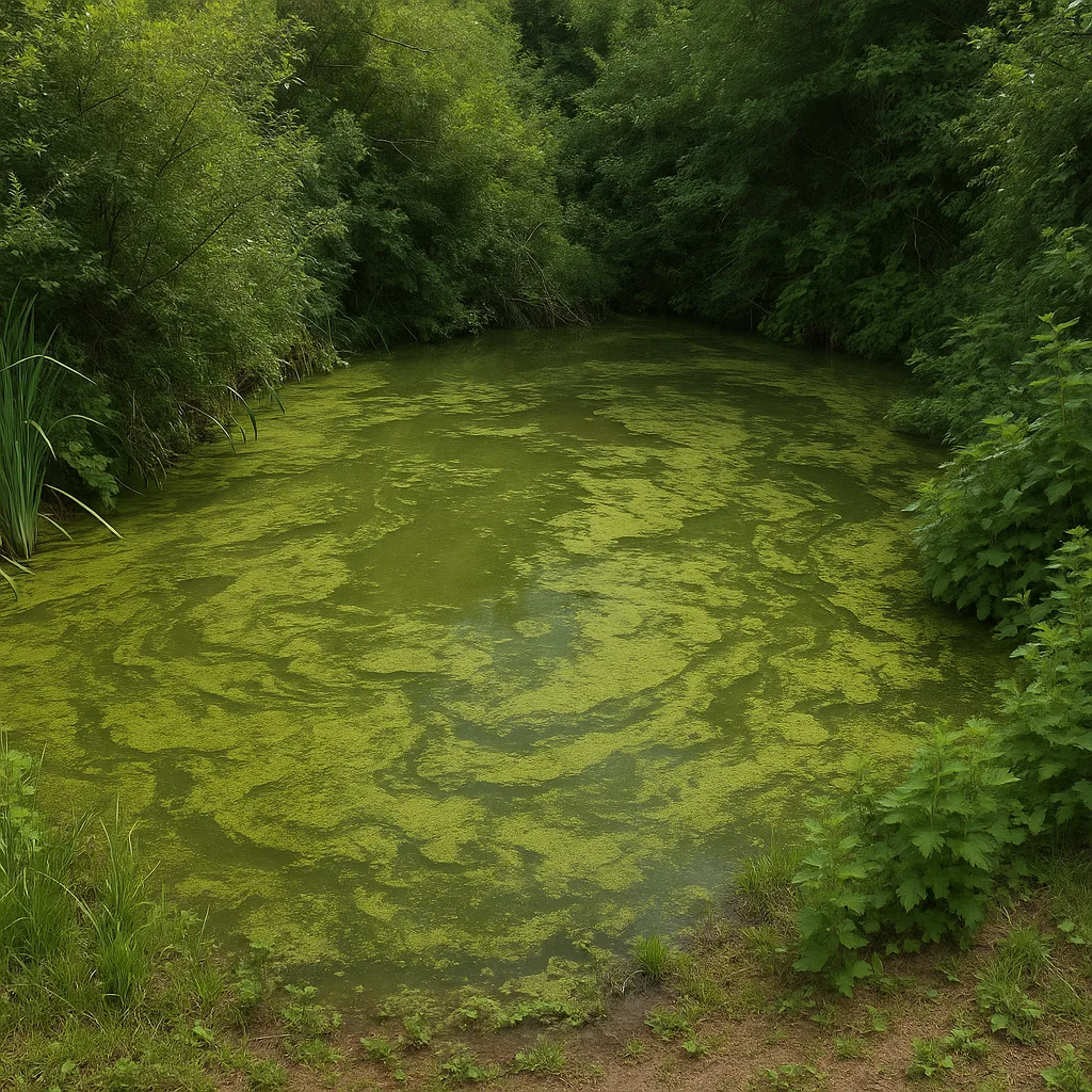 Overgrown Area Encircling a Pond with Cloudy Green Water
