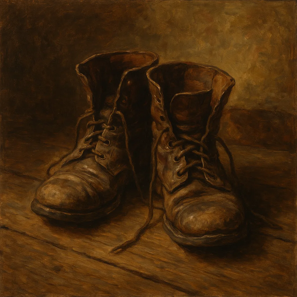 Painting of Aged Leather Boots Lying on a Wooden Surface