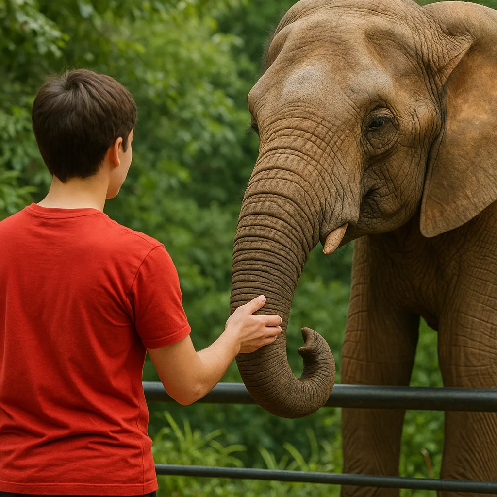 Person in a Red Shirt Interacts with an Elephant's Trunk