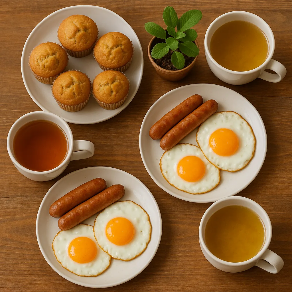 Wooden Table with Plates of Muffins