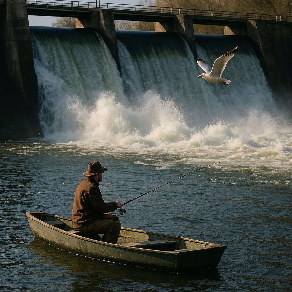 Person Fishing from a Small Boat near a Dam